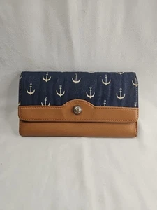 Scheckbuch Geldbörse Kunstleder & Anker Baumwollstoff 7,5x4,25" 18 Taschen Druckknopf - Bild 1 von 6