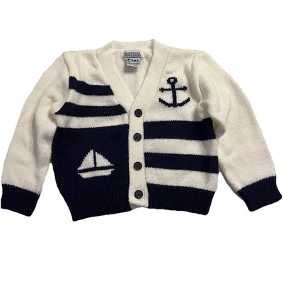 Cárdigan Suéter Vintage Carriage Boutiques Bebé Náutico Velero Azul Blanco Foto 1 de 4