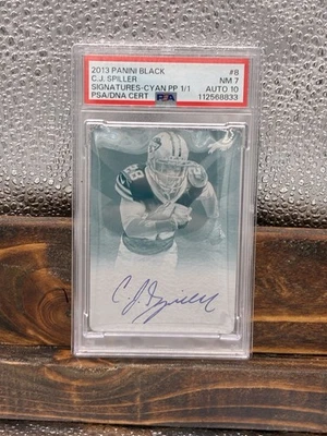 2013 PANINI BLACK SIGNATURE CYAN PLATE 1/1 #8 C.J. SPILLER 1/1 PSA 7 DNA AUTO 10 - Image 1 of 2