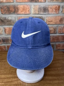 Vintage Nike Jugend Größe marineblau weiß bestickt Swoosh Logo Druckknopflasche Mütze - Bild 1 von 8