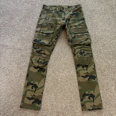 Smoke Rise Camo Cargo Pants Mens 34x32 Green Brown Distressed Double Knee Jeans - Image 1 of 4