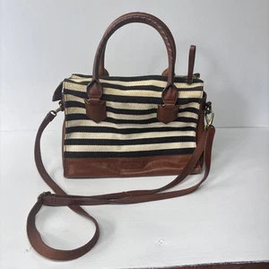 Fossil- Striped Trinity Canvas & Brown Leather Nautical Satchel Crossbody Bag - Picture 1 of 21