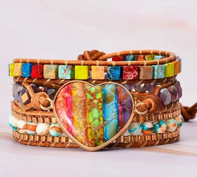 Brazalete Boho 7 Colores Emperador Piedra Corazón Chakra 3 Capas Cuentas Ajustable Envolvente  Foto 1 de 4