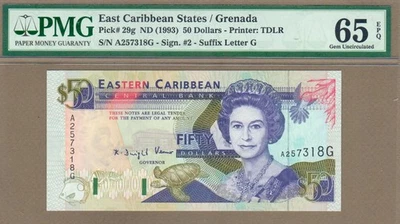 ESTADOS DEL CARIBE ORIENTAL: Billete de 50 dólares, (UNC PMG65), P-29 g, 1993, ¡sin precio base! Foto 1 de 2