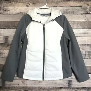 Free Tech Puffer Jacket Woman's Sz L (14-16) Full Zip White Grey Hood Drawstring - Picture 1 of 10