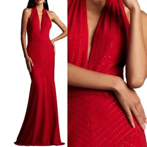 NWT TADASHI SHOJI VANIE Diamante Plunge Halter Gown Dress Lava red Size XL - Picture 1 of 2