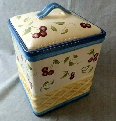 Inspirado Stone Lite Clay Cherry Design Cookie Jar Country Blue & Cherry - Image 1 of 4