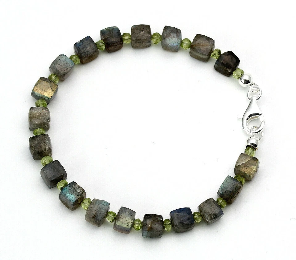 Labradorit-Armband -  facettierte Labradorit-Würfel mit Peridot 20,5 cm lang - Bild 1 von 1
