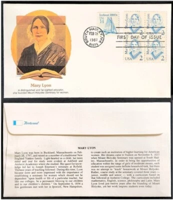 MARY LYON FIRST DAY ISSUE ENVELOPE - SOUTH HADLEY, MA POSTMARK - FEB. 28, 1987 - Image 1 of 3
