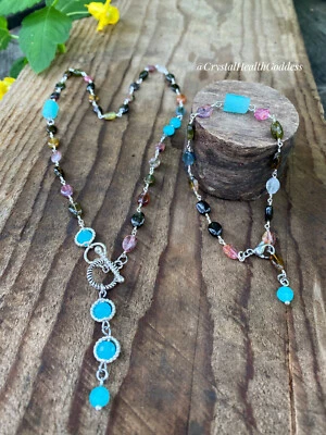 Conjunto de joias turmalina melancia com amazonita peruana 100% natural genuíno - Imagem 1 de 4