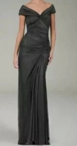 Tadashi Shoji Off Shoulder Nylon Twisted Ruche Mesh Mermaid Gown Black S - Foto 1 di 9