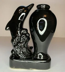 Vintage MCM Dolphin Vase Black Ceramic Decorative Art Deco 5.75” - Picture 1 of 10