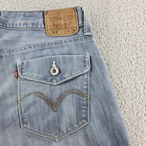 Levis 514 Jeans Mens 36x34 Slim Straight Denim Button Flap Pockets Distressed - Picture 1 of 19