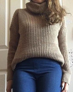 Dotti Brown / Beige / Camel Turtleneck - Size S - Long Length Knit Winter Jumper - Picture 1 of 12
