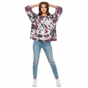 MAEVE ANTHROPOLOGIE Gray White Purple Tie Dye Short Puff Sleeve Sweatshirt Sz L - Picture 1 of 11