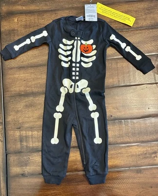 NEW🎃Gymboree Baby 6-12mos SKELETON PJs Pajamas Halloween Costume GLOW Black 1pc - Image 1 of 4