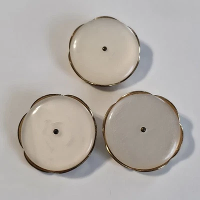 Vintage Shank White Pearlescent Plastic Buttons Scalloped Metal Back 34mm 3 Pcs - Image 1 of 4