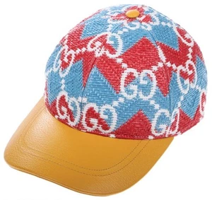 NUEVA GORRA DE BÉISBOL GUCCI PORTOCERVO JUMBO GG AZUL ROJO PAJA Y CUERO 57/M - Imagen 1 de 8