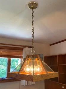 Mid Century Oak Wood Box Lamp Chandelier Ceiling Light - Picture 1 of 1