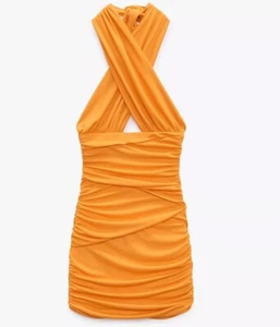 ZARA Women’s Bright Orange Ruched Bodycon Halter Mini Dress Size Small - Picture 1 of 12