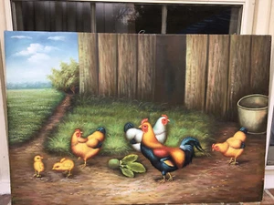 QUADRO OLIO-Polli-Cortile, Paese Francese/Paese Nuovo/Allungato--24"x36" - Foto 1 di 1