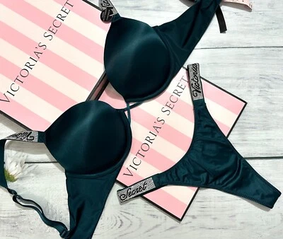 Victoria's Secret Shine Strap Bombshell Smooth Push Up Bra Thong Set Green - Image 1 of 4