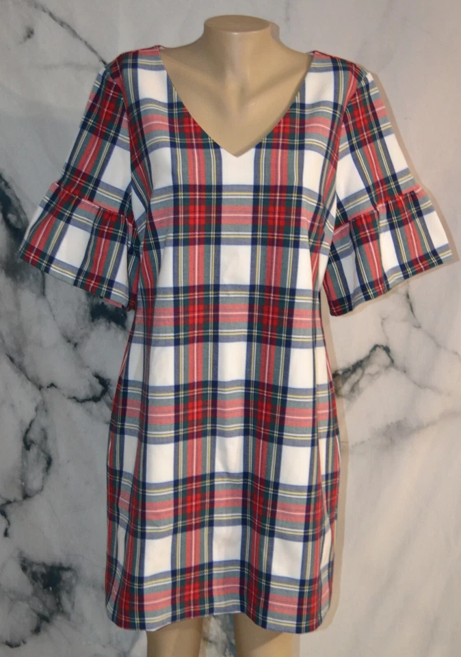 VINEYARD VINES White Multicolor Plaid Dress 14 Short Flared Sleeves Lined - Image 1 of 4