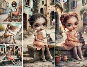 Stilisierte Mädchen mit Katzen Kartenherstellung Junk Journal Sammelalbum Zubehör Collage - Bild 1 von 1