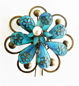 Pin de pelo pluma martín pescador dinastía Qing extra grande perla china Tian-tsui 點翠 - Imagen 1 de 3