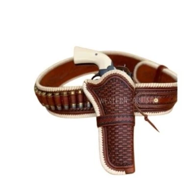 Gun Holster Belt Western Leather Revolver Pistol Tooled .22 .38/357 .44/45 Cal - Image 1 of 4