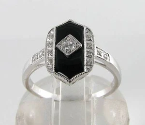 CLASS 9K 9CT WHITE GOLD ONYX RARE CUT & DIAMOND ART DECO INS RING FREE RESIZE - Picture 1 of 5