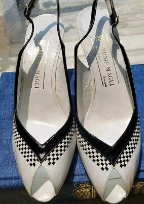 Bruno Magli Sling Back Peep Toe Black White Italy Leather Shoes 6 1/2 AA Vtg 80s - Image 1 of 4