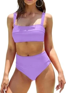 High Waisted Bikini Set, High Cut Thong Bathing Suits Bandeau Square Neck Cheeky - Picture 1 of 7