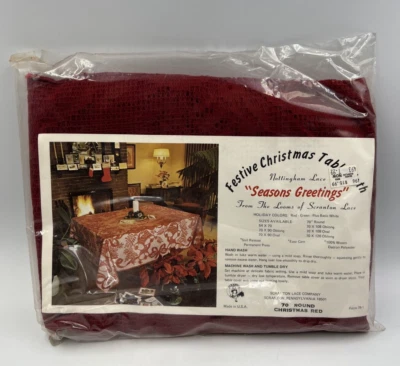 Vintage Scranton Lace Company “Seasons Greetings” 60” Red Nottingham Tablecloth - Image 1 of 4