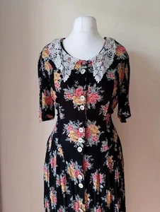 True Vintage 80s/90s Floral Maxi Dress with Lace Collar - Cottagecore - Picture 1 of 6