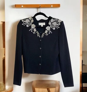ST JOHN EVENING BLACK KNIT embroidery JACKET W/ RHINESTONES SZ 6 - Picture 1 of 11