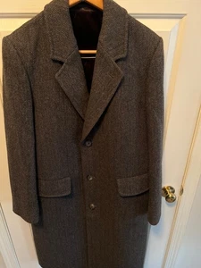 Vintage London Fog Wool Overcoat Trenchcoat Harris Herringbone Tweed USA Made 45L - Bild 1 von 15