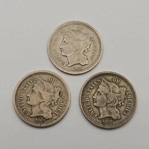 (Lot of 3) 1865, 1867, 1868 Three Cent Nickel III 3CN 3C Philadelphia - Picture 1 of 2