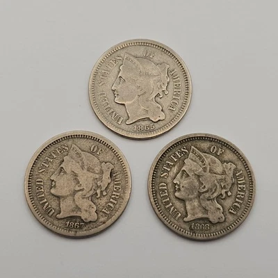 (Lot of 3) 1865, 1867, 1868 Three Cent Nickel III 3CN 3C Philadelphia - Image 1 of 2
