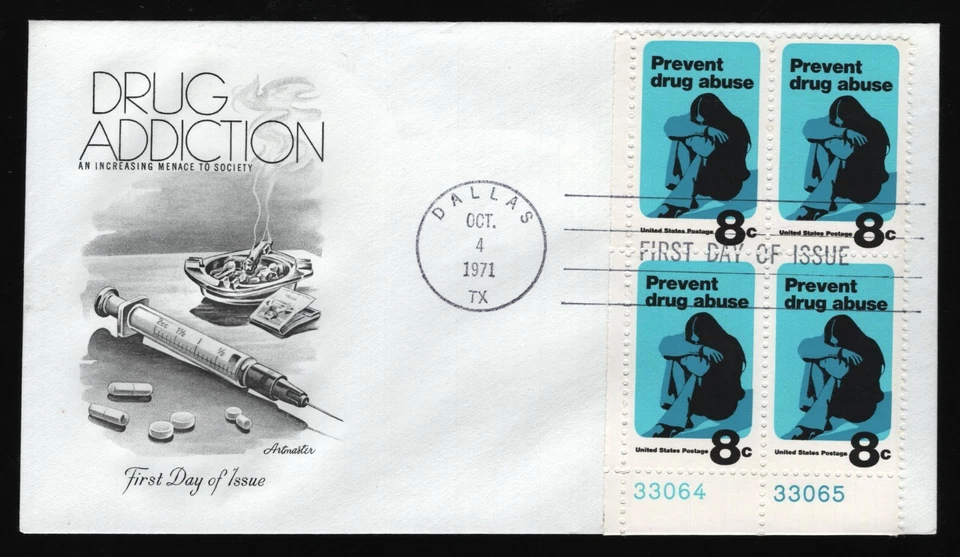 #1438 8c Drug Abuse-Corner Block of 4, Artmaster H/C FDC **ANY 5=FREE SHIPPING** - Image 1 of 1