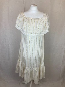 Miguelina - Women's Size M White Gold Vertical Striped Summer Cotton Maxi Dress - Picture 1 of 12