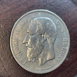1868 Belgien 5 Franken 90% Silber König Leopold II Foto gestempelt vz-fünfundvierzig - Bild 1 von 2