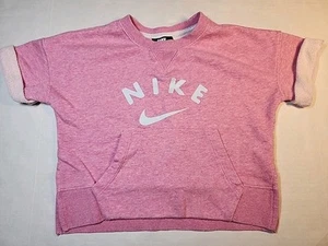 Youth Girls Nike Small Pink Cropped Sweatshirt Short Sleeve Spellout Pocket - Picture 1 of 16