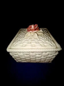 MOTHERS DAT ANTIQUE CERAMIC SQUARE TRINKET BOX WITH ROSE HANDLE LID 1930'S JAPAN - Picture 1 of 12
