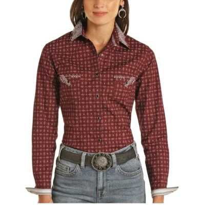 Panhandle Rough Stock Ladies Aztec Geometric Print Snap Shirt R4S3258 - Image 1 of 2