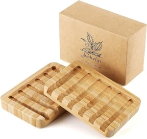 2 Pack Bamboo Wooden Soap Dish Holder Tray, Wood Bar Soap Saver Self Draining - Picture 1 of 5