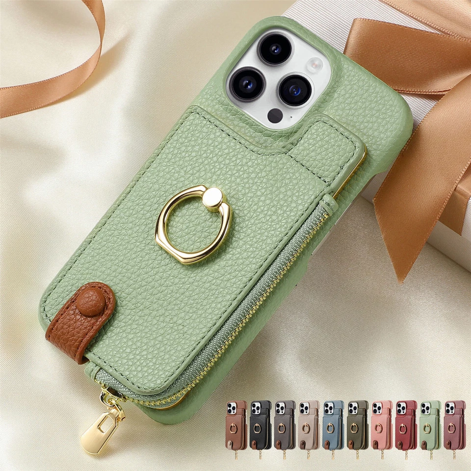 For iPhone 16 Pro Max/15/14/13/12/ Flip Back Zipper Card Wallet Case with Ring - Image 1 of 4