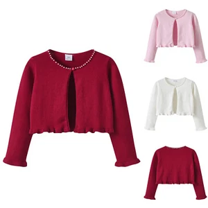 Baby Girls Sweet Shawl Lovely Cardigan Ruffled Curly Hem Faux Pearls Party Daily - Picture 1 of 34