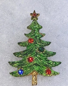 Vintage B.J. Weihnachtsbaum Brosche/Nadel funkelnd Gold & Grün Emaille & Strasssteine - Bild 1 von 19