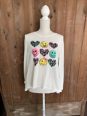 Justice Girls 20 White Tunic Long Sleeve Think Top Emoji Sparkle EUC - Image 1 of 4